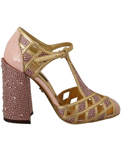 Dolce & Gabbana Pink Gold Leather Crystal Pumps T-strap Shoes - Multicolor