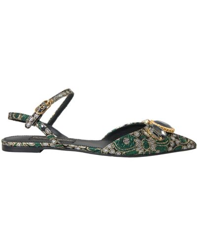 Dolce & Gabbana Jacquard Crystal Slingback Sandals Shoes - Green