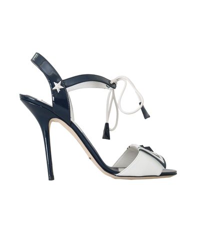 Dolce & Gabbana White Blue Stripes Leather Heels Sandals Shoes