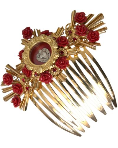 Dolce & Gabbana Brass Crystal Heart Floral Hair Comb - Brown
