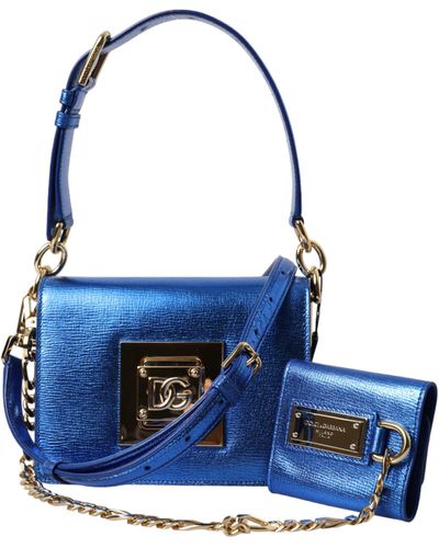 Dolce & Gabbana Blue Leather Bella Foiled Logo Shoulder Purse Bag