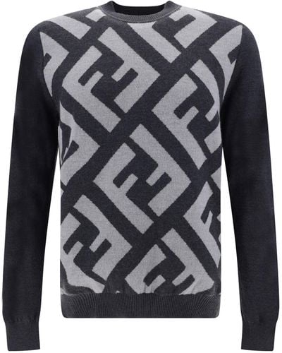 Fendi Gray Wool Logo Details Sweater - Black