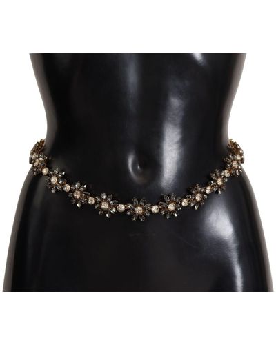 Dolce & Gabbana Elegant Crystal Daisy Chain Leather Belt - Black