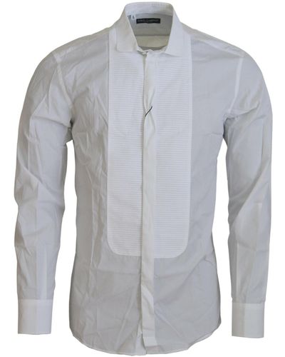 Dolce & Gabbana White Cotton Long Sleeves Mens Formal Shirt - Blue
