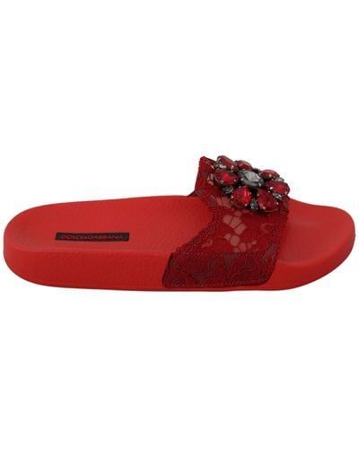 Dolce & Gabbana Floral Lace Crystal-Embellished Slide Flats - Red