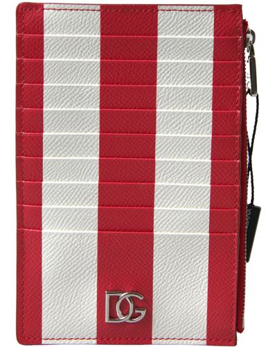 Dolce & Gabbana Striped Leather Logo Card Holder Wallet - Red