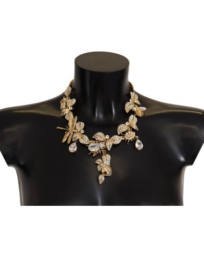 Dolce & Gabbana Gold Brass Floral Sicily Crystal Statement Necklace - Black