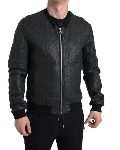 Dolce & Gabbana Leather Full Zip Bomber Jacket - Black