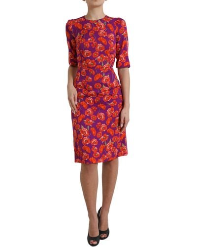 Dolce & Gabbana Multicolor Floral Poppy Print Sheath Dress - Red