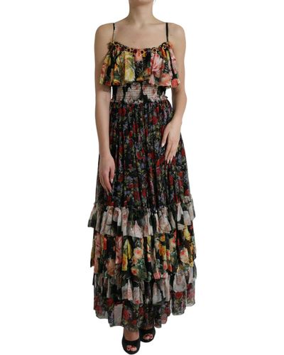 Dolce & Gabbana Multicolor Floral Chiffon Tiered Maxi Dress - Black