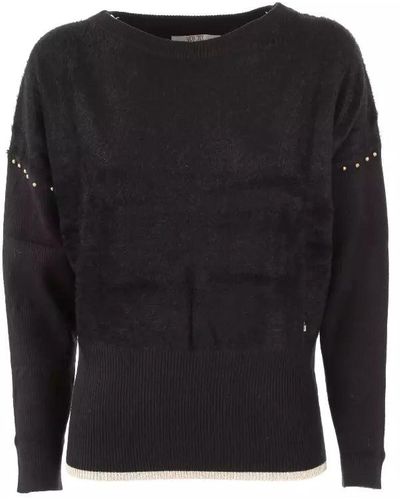 Yes-Zee Elegant Long-Sleeved Crew-Neck Sweater With Metallic Detailing - Black
