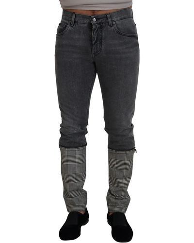 Dolce & Gabbana Gray Cotton Checkered Legdenim Jeans - Black