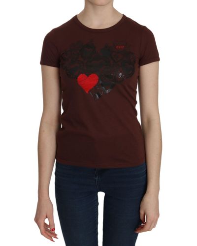 Exte Heart Print Crew Neck T-shirt Short Sleeve Blouse - Red
