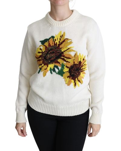 Dolce & Gabbana White Floral Wool Pullover Sunflower Sweater - Gray
