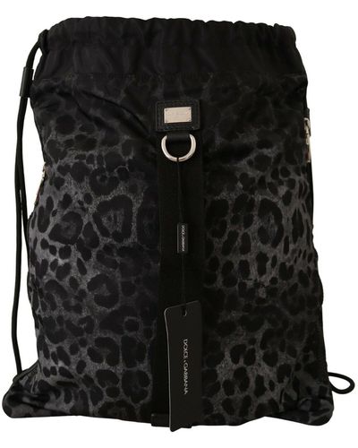 Dolce & Gabbana Gray Leopard Print Backpack Nylon Drawstring Bag - Black