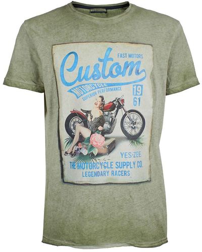 Yes-Zee Emerald Crew Neck Cotton Tee With Unique Front Print - Green