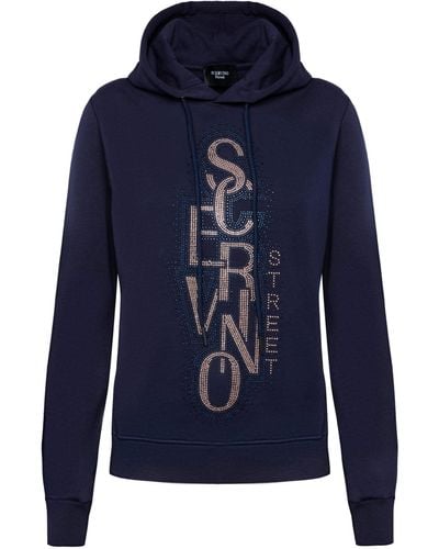 Ermanno Scervino Elegant Hooded Cotton Sweatshirt With Strass Logo - Blue