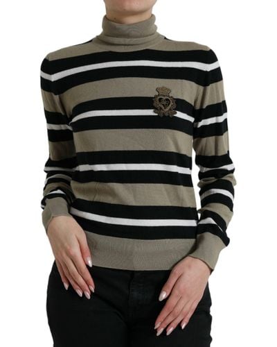 Dolce & Gabbana Multicolor Stripe Wool Logo Pullover Sweater - Black