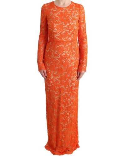 Dolce & Gabbana Dolce Gabbana Orange Floral Ricamo Sheath Long Dress