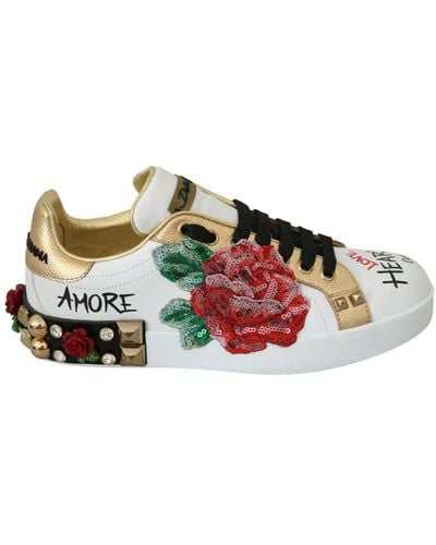 Dolce & Gabbana White Roses Sequined Crystal S Sneakers Shoes - Multicolor
