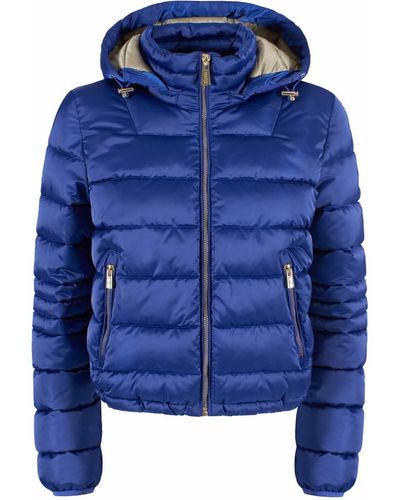 Yes-Zee Chic Zippered Short Down Jacket With Hood - Blue