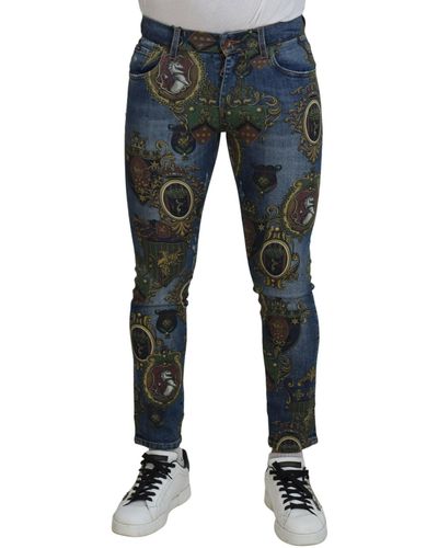 Dolce & Gabbana Medal Print Slim Fit Cotton Jeans - Blue