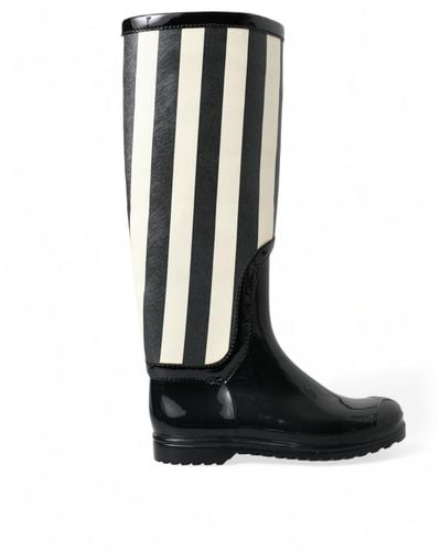 Dolce & Gabbana Striped Knee High Flat Boots By A Luxury Designer - Black