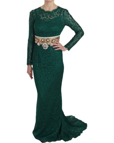 Dolce & Gabbana Crystal Gold Belt Lace Sheath Gown Dress - Green