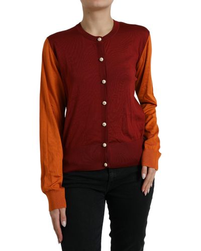 Dolce & Gabbana Cardigan Color Block Silk Crewneck Sweater - Red