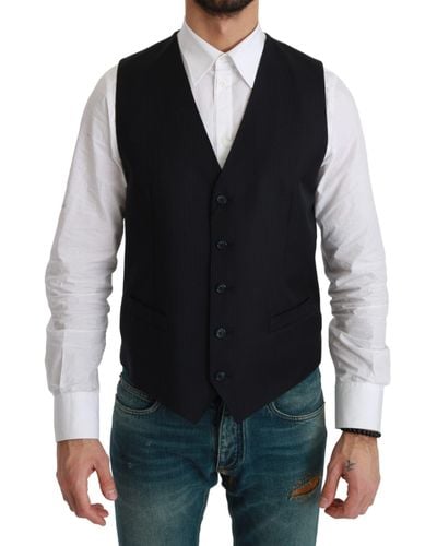 Dolce & Gabbana Blue Waistcoat Formal Stretch Wool Vest