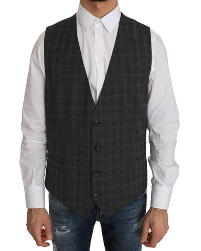 Dolce & Gabbana Gray Wool Staff Checkered Stretch Vest