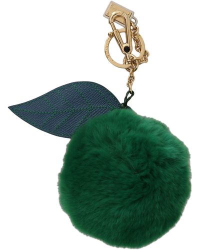 Dolce & Gabbana Leather Fur Gold Clasp Keyring Keychain - Green