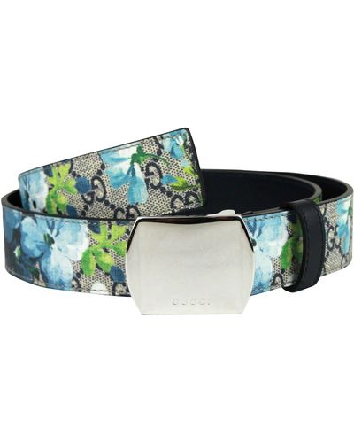 Gucci Unisex Silver Buckle Blue GG Supreme Coated Canvas Belt - Green