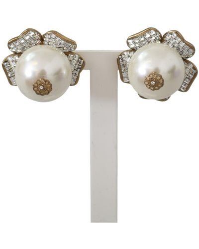 Dolce & Gabbana Gold Tone Maxi Faux Pearl Floral Clip-on Jewelry Earrings - Metallic