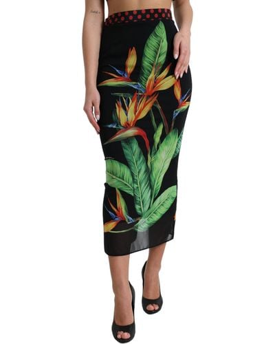 Dolce & Gabbana Black Strelitzia High Waist Pencil Cut Skirt - Green