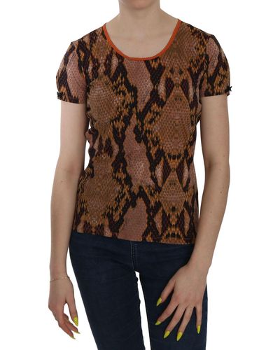 Just Cavalli Snake Skin Print Short Sleeve Top T-shirt - Brown