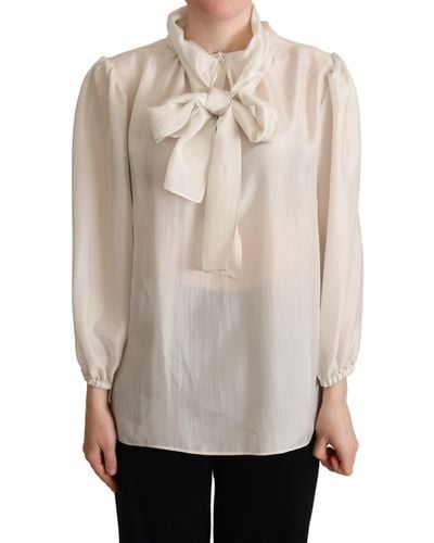 Dolce & Gabbana Light Ascot Collar Shirt Silk Blouse Top - Gray