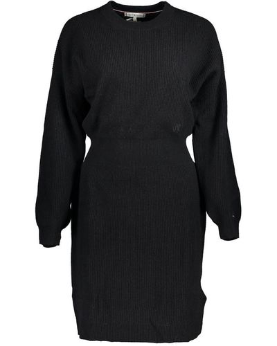 Tommy Hilfiger Elegant Crew Neck Short Dress With Embroidery - Black