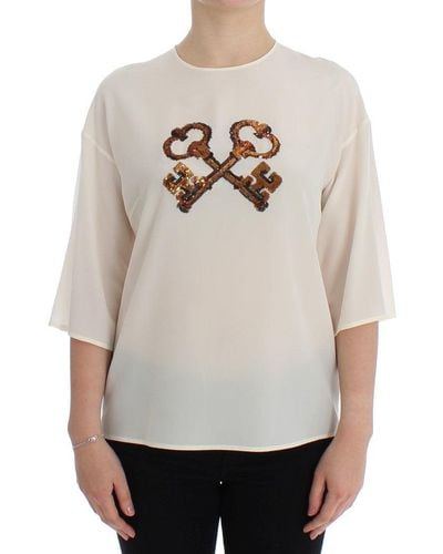 Dolce & Gabbana Sequined Key Silk Blouse T-shirt Top - Gray