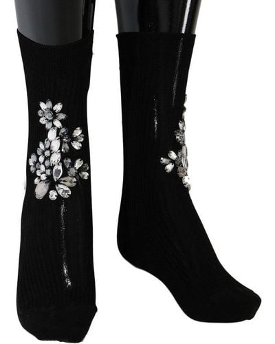 Dolce & Gabbana Knitted Floral Clear Crystal Socks - Black
