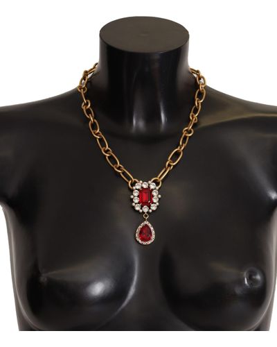 Dolce & Gabbana Gold Brass Chain Red Crystal Pendant Statement Necklace - Black