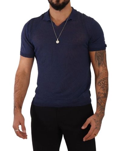 Daniele Alessandrini Navy Blue Linen Collared T-shirt