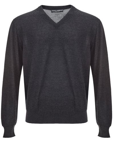 Dolce & Gabbana Dark Gray V-neck Cashmere Sweater - Blue