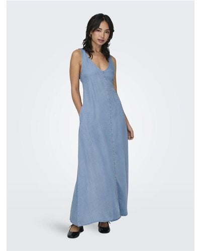 ONLY Jeanskleid locker geschnitten v-ausschnitt breite träger langes kleid - Blau