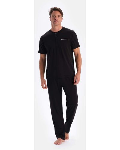 Dagi Es dreiteiliges pyjama-set mit halber knopfleiste und kurzen ärmeln - Schwarz