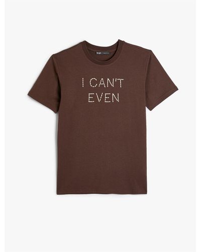 Koton T-shirt mit slogan-stickerei, schmale passform, rundhalsausschnitt, kurze ärmel, baumwolle - Braun