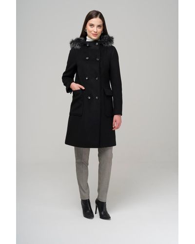 Olcay Zweireihiger mantel mit taschentasche aus fellkapuze - Schwarz