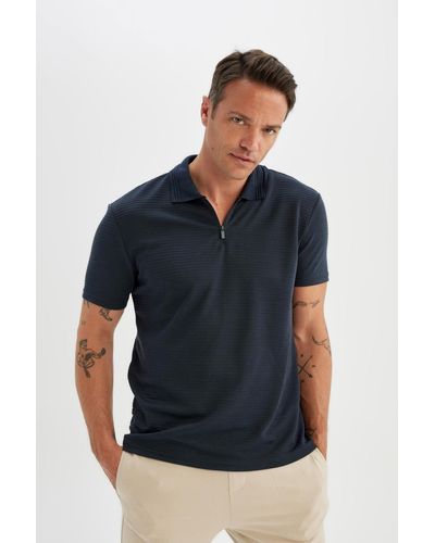 Defacto Polo-t-shirt mit reißverschluss und kurzen ärmeln in normaler passform c5586ax24sm - Blau