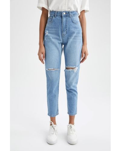 Defacto Mom-fit-jeanshose mit hoher taille, zerrissen und detailliert, biley-länge - Blau