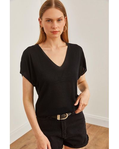 Olalook E strick-basic-bluse mit v-ausschnitt fließendes design - Schwarz